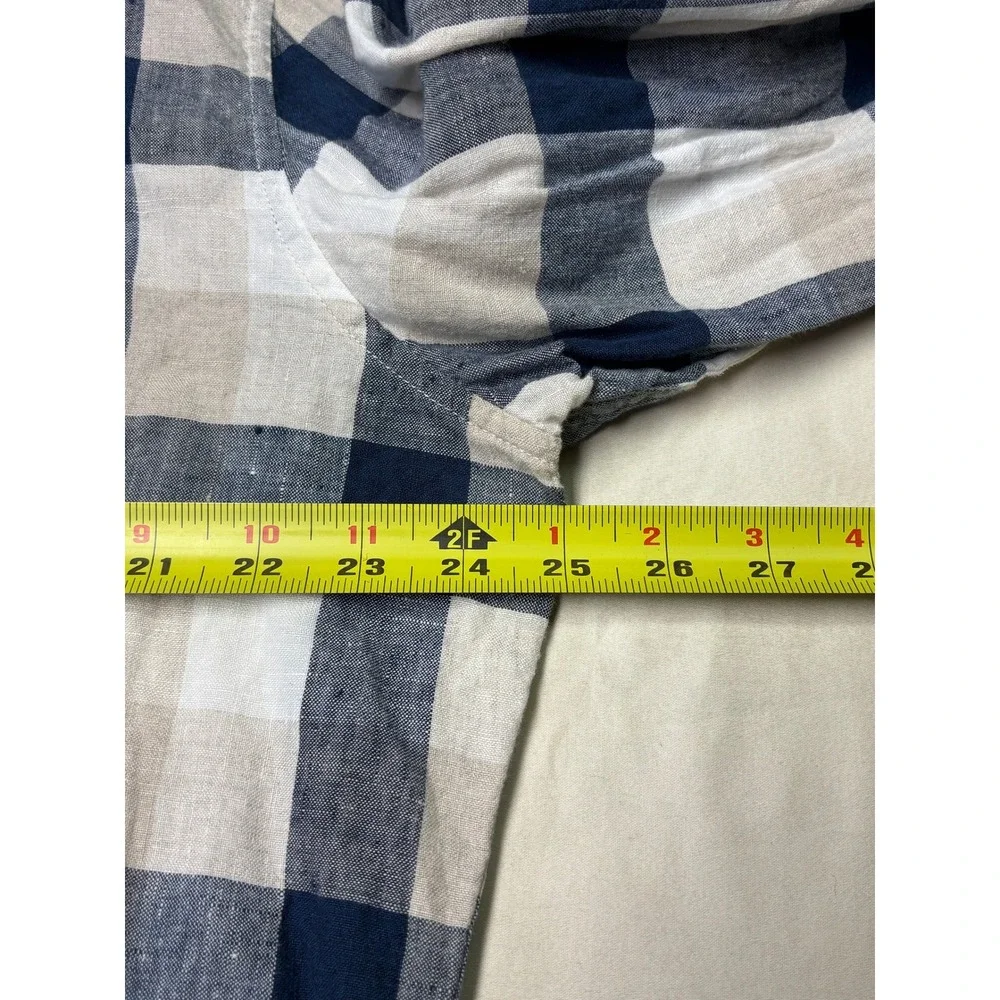 Banana Republic Mens XL Camden Fit 100% Linen Shirt Navy Tan Buffalo Check Plaid